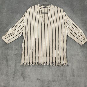 Zara Top Extra Small Women Raw Hem Cream White‎ Navy Boho Stretch Hippie